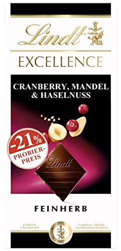 Lindt Schokolade EXCELLENCE Cranberry, Mandel & Haselnuss, Promotion | 100 g Tafel | Feinherbe Schokolade mit Cranberry-, Mandel- und Haselnussstückchen | Schokoladentafel | Schokoladengeschenk von Lindt