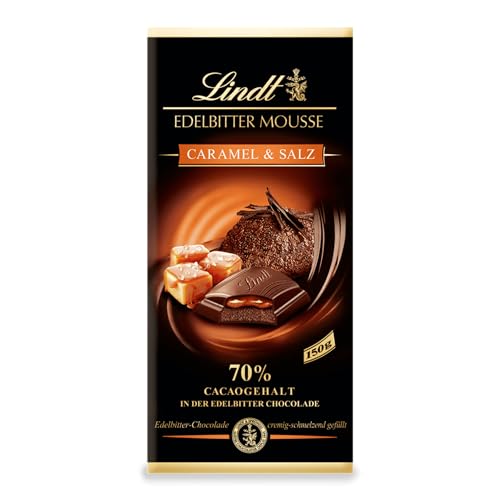 Lindt Schokolade Edelbitter Mousse Caramel & Salz | 150 g Tafel | Mit 70 % Kakaogehalt und dunkler Mousse au Chocolat und Karamell-Salz Füllung | Schokoladentafel | dunkle Schokolade von Lindt