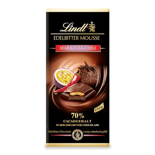 Lindt Schokolade Edelbitter Mousse Maracuja-Chili | 150 g Tafel | Mit 70 % Kakaogehalt und dunkler Mousse au Chocolat und Maracuja-Chili Füllung | Schokoladentafel | dunkle Schokolade von Lindt