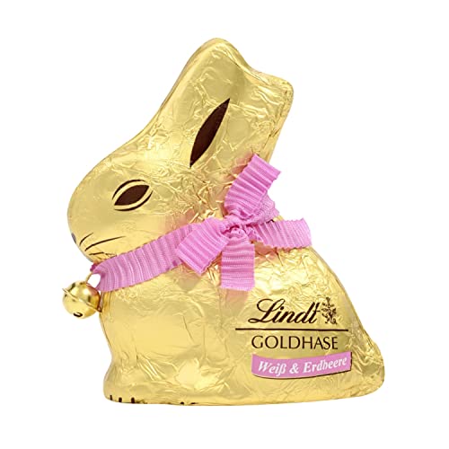Lindt Schokolade GOLDHASE | 100 g GOLDHASE | Weiße Premium Schokolade mit Erdbeerstückchen in Hasenform zu Ostern | Osterschokolade | Schokoladengeschenk | Schokoladenhase | Osterhase von Lindt