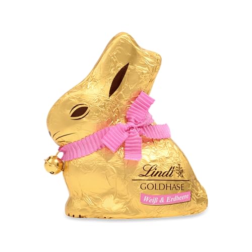 Lindt Schokolade GOLDHASE | 100 g GOLDHASE | Weiße Premium Schokolade mit Erdbeerstückchen in Hasenform zu Ostern | Osterschokolade | Schokoladengeschenk | Schokoladenhase | Osterhase von Lindt