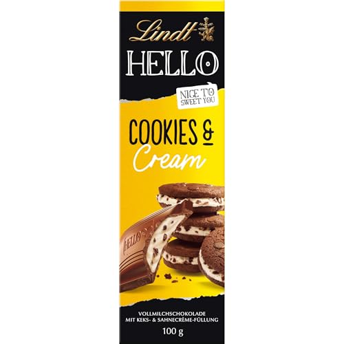 Lindt Schokolade HELLO Cookies & Cream | 100 g Tafel | Vollmilch-Schokolade mit Keks- & Sahnecrème-Füllung | Schokoladentafel | Schokoladengeschenk von Lindt