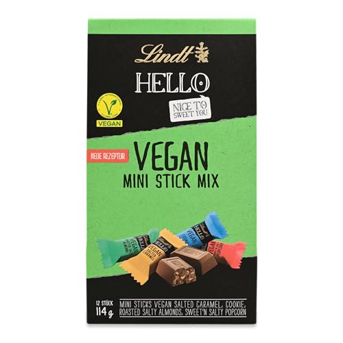 Lindt Schokolade HELLO Vegan Mini Stick Mix | 114 g | mit Kakao in den Sorten: Salted Caramel, Cookie, Roasted Salty Almonds, Sweet´n´Salty Popcorn | Schokoladengeschenk von Lindt