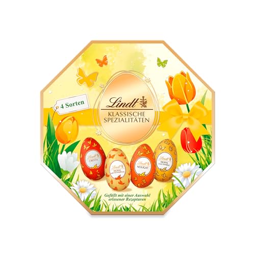 Lindt Schokolade Klassische Spezialitäten Eier | 144 g | Vollmilcheier mit und ohne Alkohol (Marc de Champagne, Nougat, Cresta, Vanille Trüffel) | Oster Schokolade | Schokoladengeschenk | Ostereier von Lindt