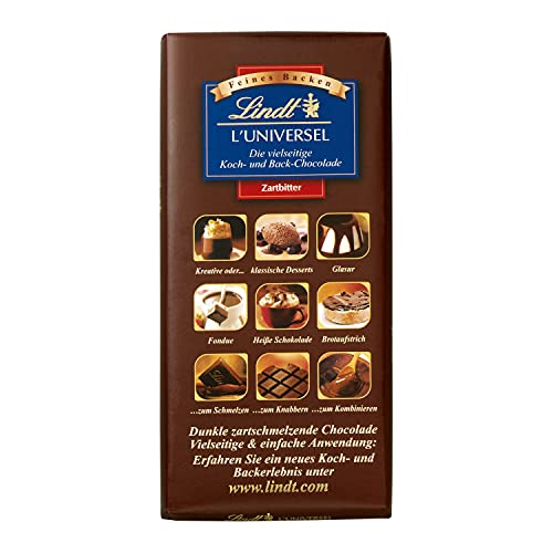 Lindt Schokolade - L´Universel | 200 g | L‘Universel, vielseitige Koch- und Backschokolade für Desserts, als Glasur, Fondue, Brotaufstrich oder zum Knabbern | Kochen und Backen | dunkle Schokolade von Lindt