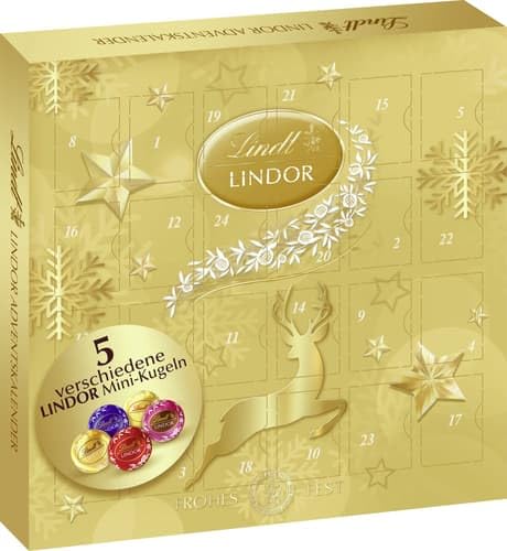 Lindt Schokolade LINDOR Mini Adventskalender 2024 | 109 g | 24 LINDOR Kugeln mit zartschmelzender Füllung | Schokolade für die Weihnachtszeit | Schokoladengeschenk | Pralinengeschenk von Lindt