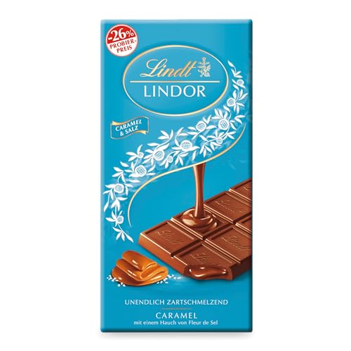 Lindt Schokolade LINDOR Caramel & Salz | 100g Tafel | Vollmilch-Schokolade mit einem Hauch Fleur de Sel und unendlich zartschmelzender Karamell-Füllung | Promotion | Schokoladentafel von Lindt