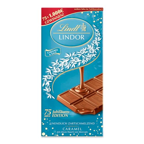 Lindt Schokolade LINDOR Caramel & Salz | 100g Tafel | Vollmilch-Schokolade mit einem Hauch Fleur de Sel und unendlich zartschmelzender Karamell-Füllung | Schokoladentafel | 75 Jahre von Lindt