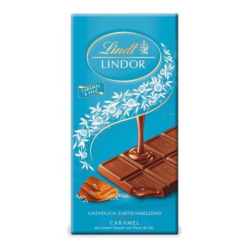 Lindt Schokolade LINDOR Caramel & Salz | 100g Tafel | Vollmilch-Schokolade mit einem Hauch Fleur de Sel und unendlich zartschmelzender Karamell-Füllung | Schokoladentafel | Schokoladengeschenk von Lindt