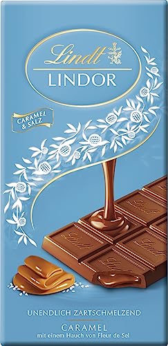 Lindt Schokolade LINDOR Caramel & Salz | 100g Tafel | Vollmilch-Schokolade mit einem Hauch Fleur de Sel und unendlich zartschmelzender Karamell-Füllung | Schokoladentafel | Schokoladengeschenk von Lindt