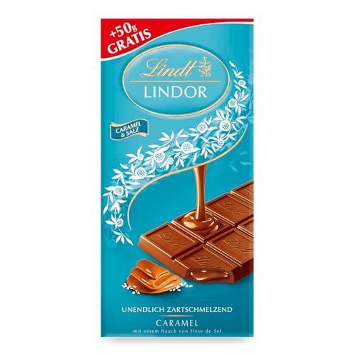 Lindt Schokolade LINDOR Caramel & Salz | 150g Tafel | Vollmilch-Schokolade mit einem Hauch Fleur de Sel und unendlich zartschmelzender Karamell-Füllung | Schokoladentafel | Schokoladengeschenk von Lindt