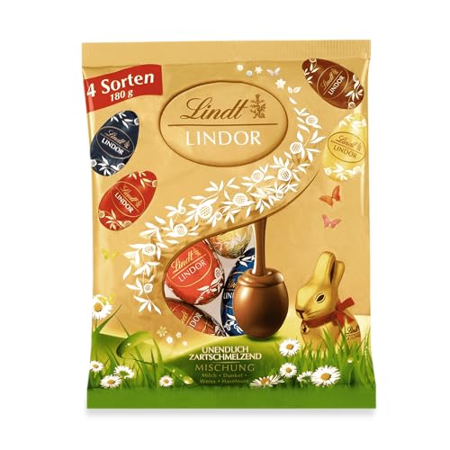 Lindt Schokolade LINDOR Eier Mix | 180 g | LINDOR Eier mit zartschmelzender Füllung in den Sorten Milch, Haselnuss, Weiß, 45% Feinherb | Oster Schokolade | Schokoladengeschenk | Ostereier | Schokoeier von Lindt