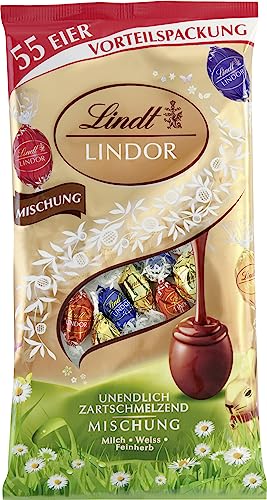 Lindt Schokolade LINDOR Eier Mix | 254 g | 55 x LINDOR Eier mit zartschmelzender Füllung in den Sorten Milch, Weiß und 45% Feinherb | Oster Schokolade | Schokoladengeschenk | Ostereier | Schokoeier von Lindt