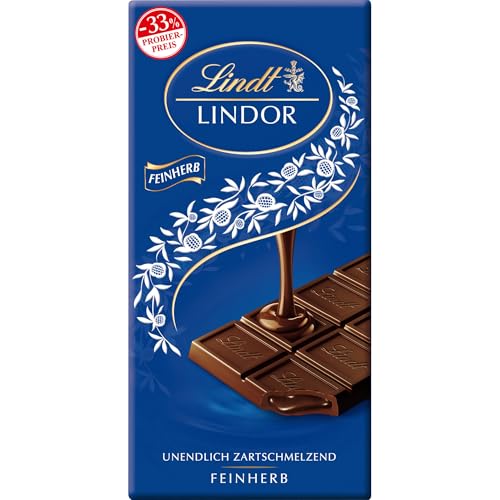 Lindt Schokolade LINDOR Feinherb | 100g Tafel | Feinherbe Schokolade mit einer unendlich zartschmelzenden Füllung | Promotion | Schokoladentafel | Schokoladengeschenk von Lindt