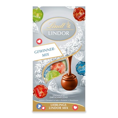 Lindt Schokolade LINDOR Gewinner-Mix | 137 g Beutel | ca. 10 Kugeln Vollmilchschokolade mit zartschmelzender Füllung in den Sorten Milch, Caramel & Salz, Pistazie, Haselnuss | Pralinen-Geschenk von Lindt