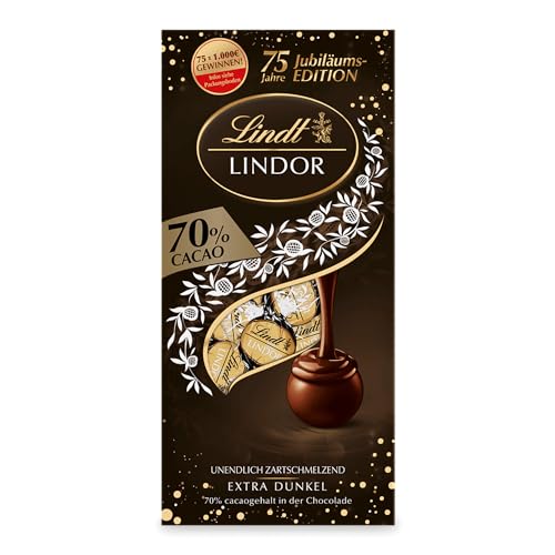 Lindt Schokolade LINDOR Kugeln 70% | 137g Beutel | ca. 10 Kugeln feinherbe Schokolade mit zartschmelzender Füllung | Pralinengeschenk | Schokoladengeschenk | 75 Jahre von Lindt