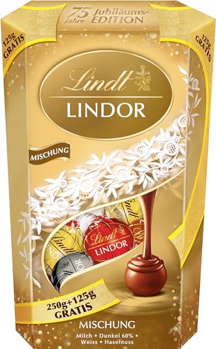 Lindt Schokolade LINDOR Kugeln Mischung | 375 g Cornet | Schokoladen-Kugeln mit zartschmelzender Füllung (Vollmilch, Weiß, Dark und Haselnuss | Pralinen-Geschenk | Schokoladen-Geschenk von Lindt