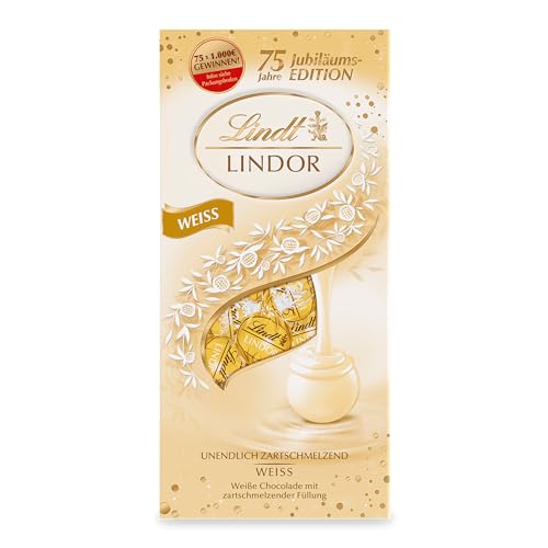 Lindt Schokolade LINDOR Kugeln Weiß | 137g Beutel | ca. 10 Schokoladen Kugeln weiße Schokolade mit zartschmelzender Füllung | Pralinen-Geschenk | Schokoladengeschenk | 75 Jahre von Lindt