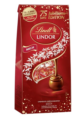 Lindt Schokolade LINDOR Milch | 137g Beutel | Kugeln mit unendlich zartschmelzender Füllung | Schokoladengeschenk | Pralinen | 75 Jahre von Lindt