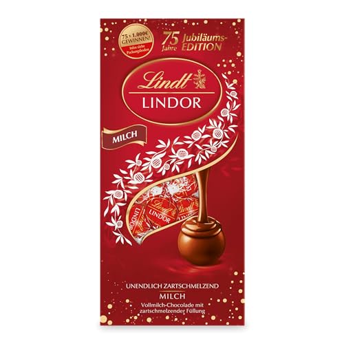 Lindt Schokolade LINDOR Milch | 137g Beutel | Kugeln mit unendlich zartschmelzender Füllung | Schokoladengeschenk | Pralinen | 75 Jahre von Lindt