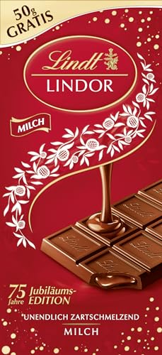 Lindt Schokolade LINDOR Milch | 150g Tafel | Feinste Vollmilch-Schokolade mit einer unendlich zartschmelzenden Füllung | Schokoladentafel | Schokoladengeschenk | LINDOR 75 Jahre Jubiläums Edition von Lindt