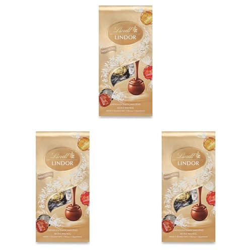 Lindt Schokolade LINDOR Mischung | 137 g Beutel | ca. 10 Kugeln mit zartschmelzender Füllung in den Sorten Milch, dunkel 60%, weiß, Haselnuss | Pralinen-Geschenk| Geschenk (Packung mit 3) von Lindt