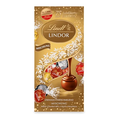 Lindt Schokolade LINDOR Mischung | 137g Beutel | ca. 10 LINDOR Kugeln mit zartschmelzender Füllung in den Sorten Milch, Dark 60%, Weiß, Haselnuss | Pralinengeschenk | Schokoladengeschenk | 75 Jahre von Lindt