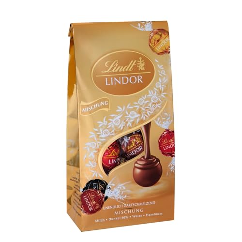 Lindt Schokolade LINDOR Mischung | 99 g Beutel | ca. 8 Schokoladen-Kugeln mit zartschmelzender Füllung in den Sorten Milch, dunkel 60%, weiß, Haselnuss | Pralinen-Geschenk| Schokoladen-Geschenk von Lindt