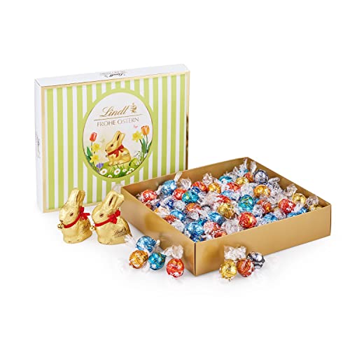 Lindt Schokolade LINDOR Oster Mischpaket |1,2 kg| 2 GOLDHASEN Vollmilch und 8 LINDOR Sorten:Milch, Noisette, Feinherb, Weiß, Dark 60%, Caramel, Salted Caramel, Stracciatella|Osterschokolade|Osterhase von Lindt