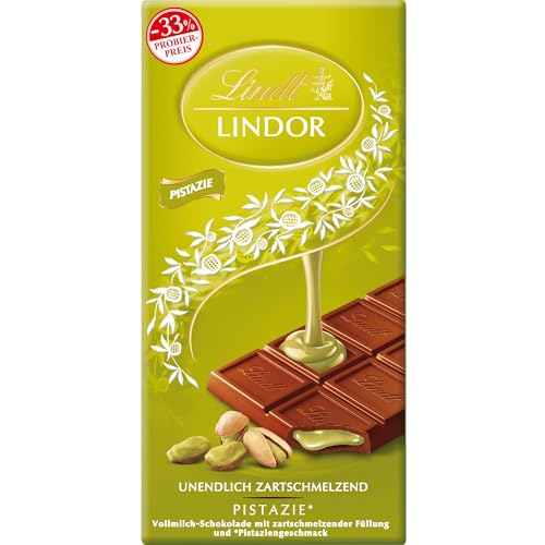 Lindt Schokolade LINDOR Pistazie, Promotion | 100 g | Feinste Vollmilch-Schokolade mit unendlich zartschmelzender Füllung mit Pistaziengeschmack | Schokoladentafel | Schokoladengeschenk, 2023 Version von Lindt