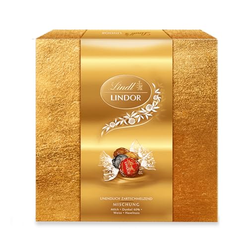 Lindt Schokolade LINDOR Präsent Box Mischung | 187 g | Ca. 15 Kugeln in den Sorten Vollmilch, Dark 60%, Haselnuss und Weiß in festlichem Design | Pralinengeschenk | Schokoladengeschenk von Lindt