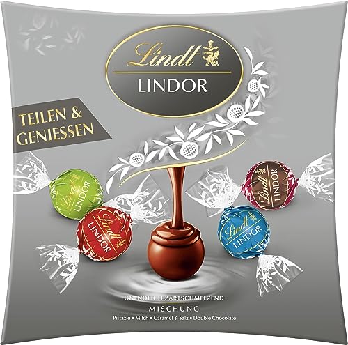 Lindt Schokolade LINDOR Sharing Silber | 250g | ca. 20 LINDOR Kugeln mit zartschmelzender Füllung in den Sorten Milch, Caramel & Salz, Pistazie, Double Chocolate | Schokoladen Geschenk | Pralinen von Lindt