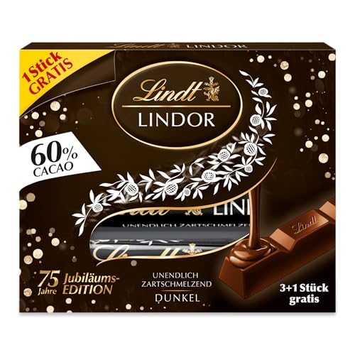 Lindt Schokolade LINDOR Sticks 60% Kakao, 3 + 1 Promotion | 100 g (4 x 25 g Schokoladenriegel) | LINDOR Sticks feinherb mit 60% Kakao Anteil und zartschmelzender Füllung | Bitterschokolade von Lindt