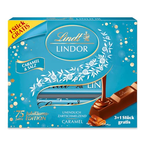 Lindt Schokolade LINDOR Sticks Caramel & Salz, 3 + 1 Promotion | 100 g (4 x 25 g Schokoladenriegel) | LINDOR Sticks Karamell mit einem Hauch Salz und zartschmelzender Füllung | Vollmilchschokolade von Lindt