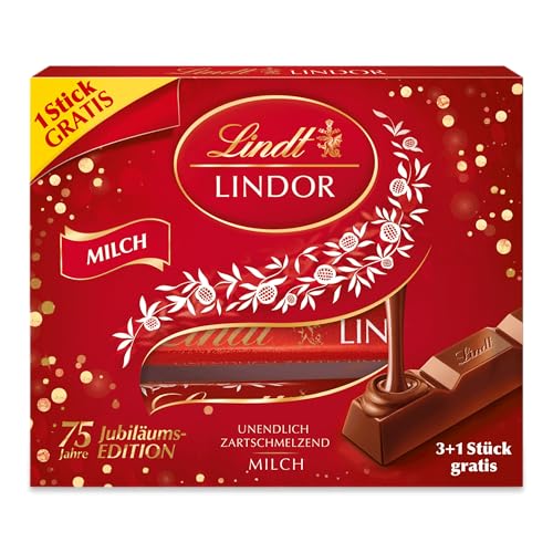 Lindt Schokolade LINDOR Sticks Vollmilch, 3 + 1 Promotion | 100 g (4 x 25 g Schokoladenriegel) | LINDOR Sticks Milch mit zartschmelzender Füllung | Vollmilchschokolade | Schokoladen-Geschenk von Lindt