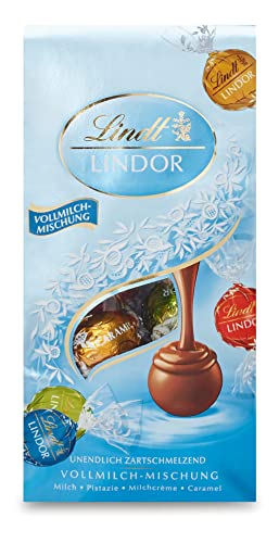 Lindt Schokolade LINDOR Vollmilch-Mischung | 137 g Beutel | ca. 10 Kugeln Vollmilchschokolade mit zartschmelzender Füllung in den Sorten Milch, Pistazie, Doppelmilch, Caramel | Pralinen-Geschenk von Lindt