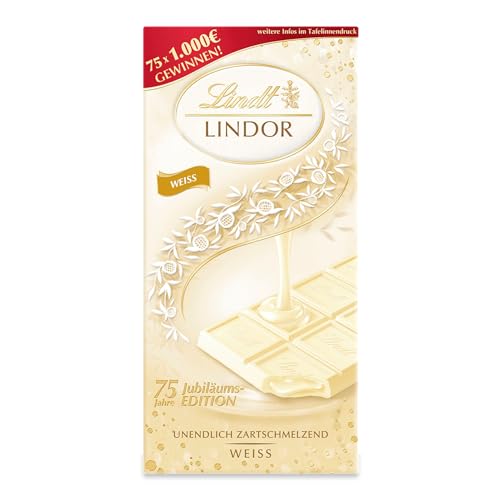 Lindt Schokolade LINDOR Weiß | 100g Tafel | Weiße Schokolade mit einer unendlich zartschmelzenden Füllung | Schokoladentafel | Schokoladengeschenk | LINDOR 75 Jahre Jubiläums Edition von Lindt