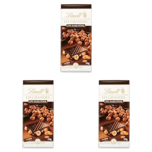 Lindt Schokolade Les Grandes Haselnuss Feinherb Tafel | Ganze Nüsse und karamellisierte Nuss-Stückchen in feinherber Schokolade | Schokoladentafel | Schokoladengeschenk, 150g (Packung mit 3) von Lindt