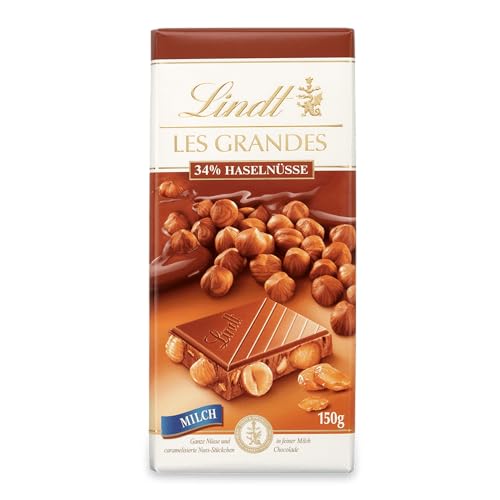 Lindt Schokolade Les Grandes Haselnuss Milch | 150 g Tafel | Ganze Nüsse und karamellisierte Nuss-Stückchen in feiner Milch Schokolade | Schokoladentafel | Schokoladengeschenk (Packung mit 10) von Lindt