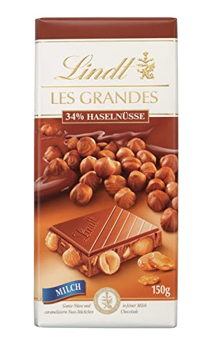 Lindt Schokolade Les Grandes Haselnuss Milch | 150 g Tafel | Ganze Nüsse und karamellisierte Nuss-Stückchen in feiner Milch Schokolade | Schokoladentafel | Schokoladengeschenk von Lindt