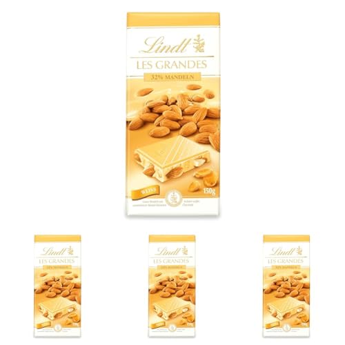 Lindt Schokolade Les Grandes Mandel | 150 g Tafel | Ganze Mandeln und karamellisierte Mandel-Stückchen in feiner weißer Schokolade | Schokoladentafel | Schokoladengeschenk (Packung mit 4) von Lindt