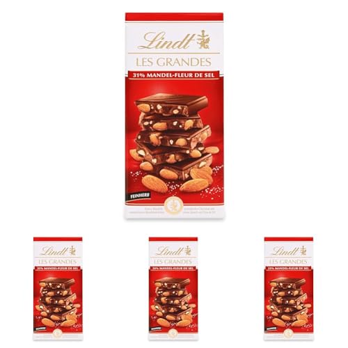 Lindt Schokolade Les Grandes Salz-Mandel | 150 g Tafel | Ganze gesalzene Mandeln und karamellisierte Mandel-Stückchen in feinherber Schokolade | Schokoladentafel | Schokoladengeschenk (Packung mit 4) von Lindt