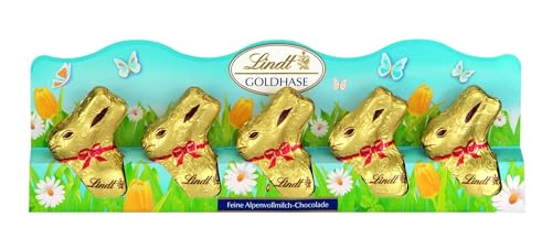 Lindt Schokolade Mini GOLDHASEN | 50 g (5er Pack) Mini GOLDHASEN) | Premium Vollmilch-Schokolade in Hasenform zu Ostern | Osterschokolade | Schokoladengeschenk | Schokoladenhasen | Osterhase von Lindt