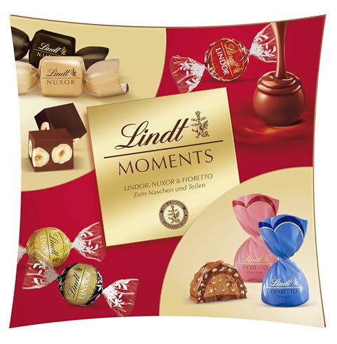 Lindt Schokolade Moments Sharing | 223g | Raffinierte Mischung aus feinsten LINDOR Kugeln, knackig-nussiger NUXOR Gianduja-Schokolade und knusprigen FIORETTO Pralinés | Schokoladen-Geschenk von Lindt