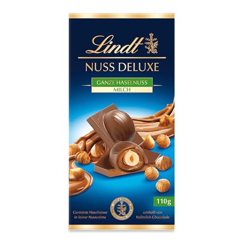 Lindt Schokolade NUSS DELUXE Vollmilch Haselnuss| 110g Tafel | Geröstete Haselnüsse in feiner Nusscrème umhüllt von feinschmelzender Vollmilch-Schokolade | Schokoladentafel | Schokoladengeschenk von Lindt