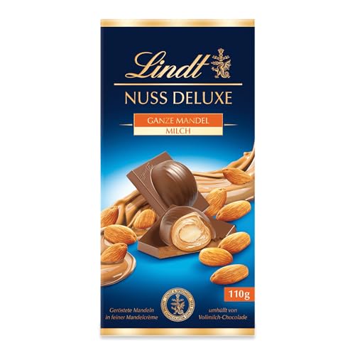 Lindt Schokolade NUSS DELUXE Vollmilch Mandel| 110g Tafel | Geröstete Mandeln in feiner Mandelcrème umhüllt von feinschmelzender Vollmilch-Schokolade | Schokoladentafel | Schokoladengeschenk von Lindt