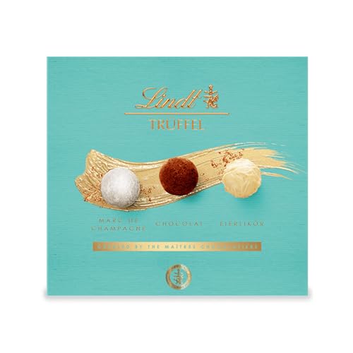 Lindt Schokolade Trüffel | 4 x 180 g (Mix: Türkis und Rosa) | Je Schachtel 16 Trüffel Pralinés, Sorten: Marc de Champagne, Chocolat, Eierlikör, alkoholhaltig | Pralinengeschenk | Schokoladengeschenk von Lindt