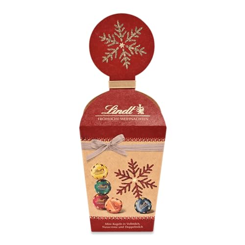 Lindt Schokolade Vollmilch Minikugeln | 150 g | Vollmilchschokolade für die Weihnachtszeit in den Sorten Vollmich, Nougatcreme und Doppelmilch in Natur Edition Köcher | Schokoladengeschenk von Lindt