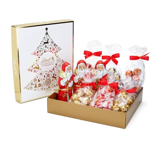 Lindt Schokolade Weihnachtsbox Gold | 1,269 kg | Köstliche Weihnachtsklassiker: 3 x Weihnachtsmänner und LINDOR Kugeln (Milch, weiß, dark 70% und Mandel-Crème) | Schokoladen-Geschenk zu Weihnachten von Lindt