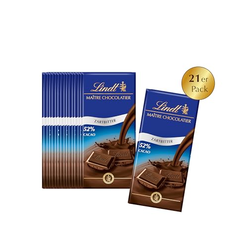 Lindt Schokolade Zartbitter | 21 x 100g Tafel | Feinschmelzende Zartbitter-Schokolade mit einem 52% Kakaoanteil | Schokoladentafel | Großpackung von Lindt